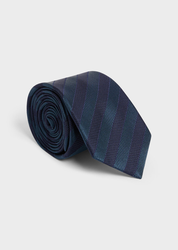 Cravate large en soie bleu pétrole à rayures bleu marine - Father and Sons 58139
