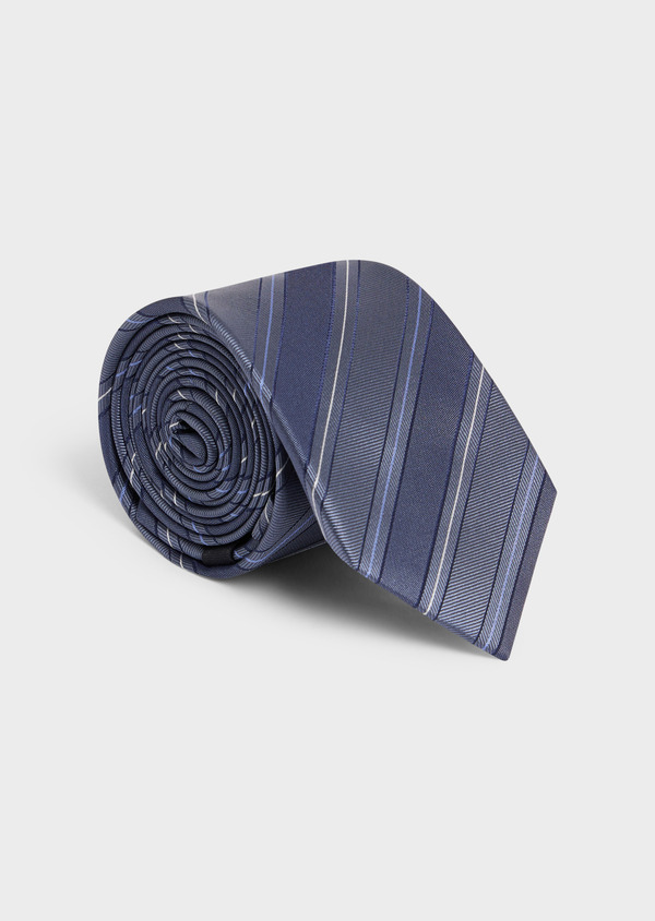 Cravate large en soie bleu chambray à rayures bleu et blanc - Father and Sons 58130
