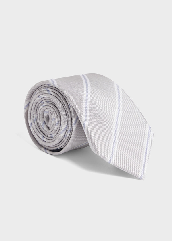 Cravate large en soie gris perle à rayures bleu et blanc - Father and Sons 52078