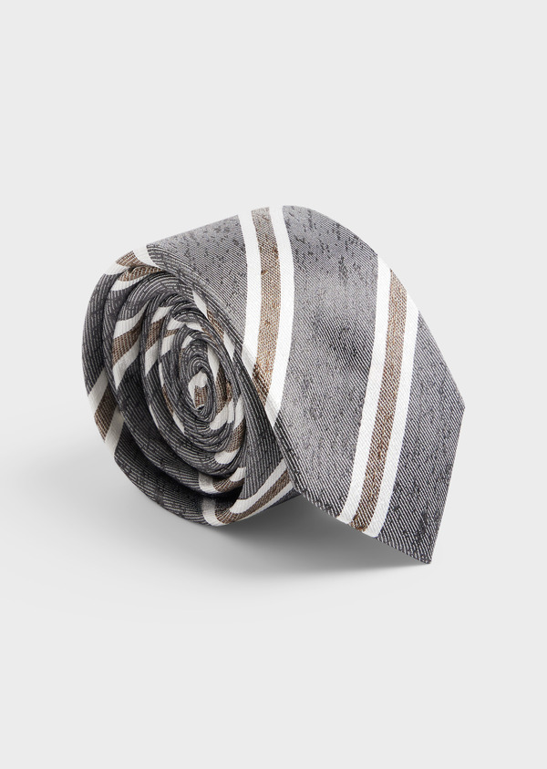 Cravate large en soie gris clair à rayures marron et blanc - Father and Sons 62024