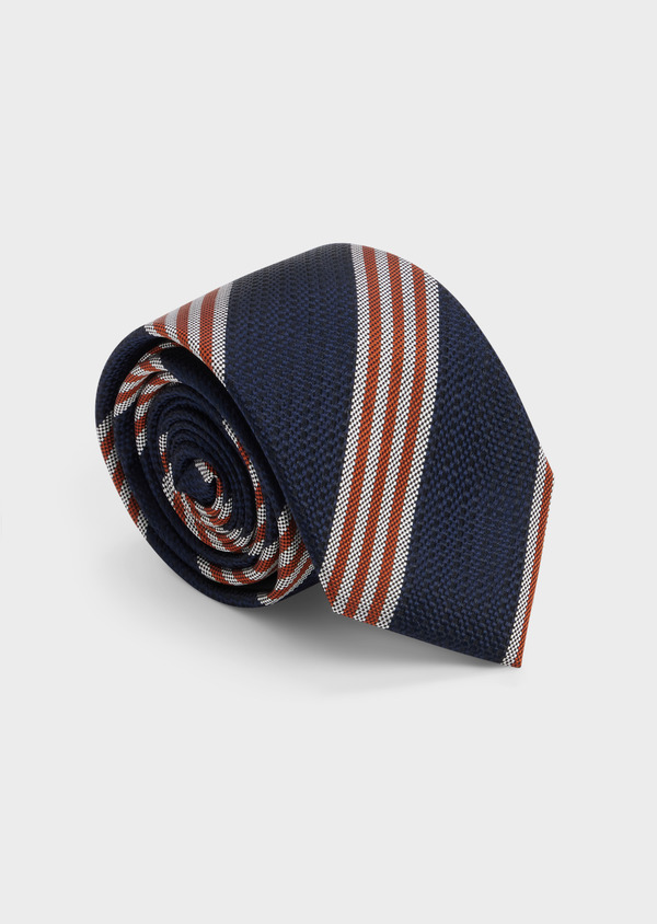 Cravate large en soie bleu marine à rayures rouge et blanc - Father and Sons 48486