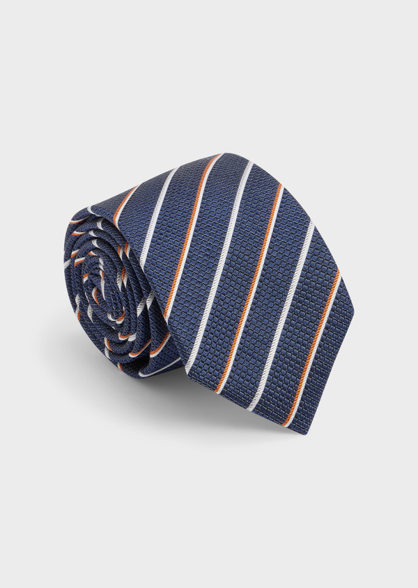 Cravate large en soie bleu marine à rayures orange et blanc - Father and Sons 48490