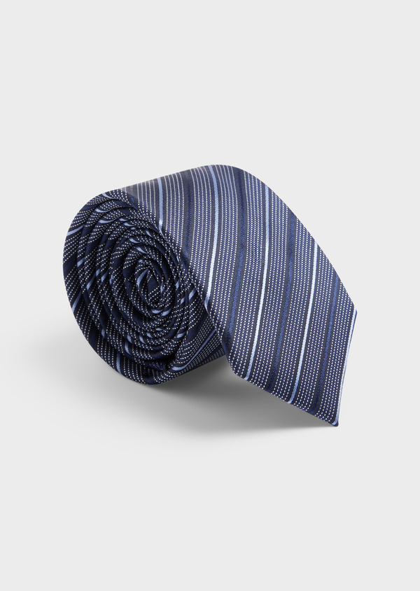 Cravate large en soie bleu marine à rayures blanc et bleu - Father and Sons 62020