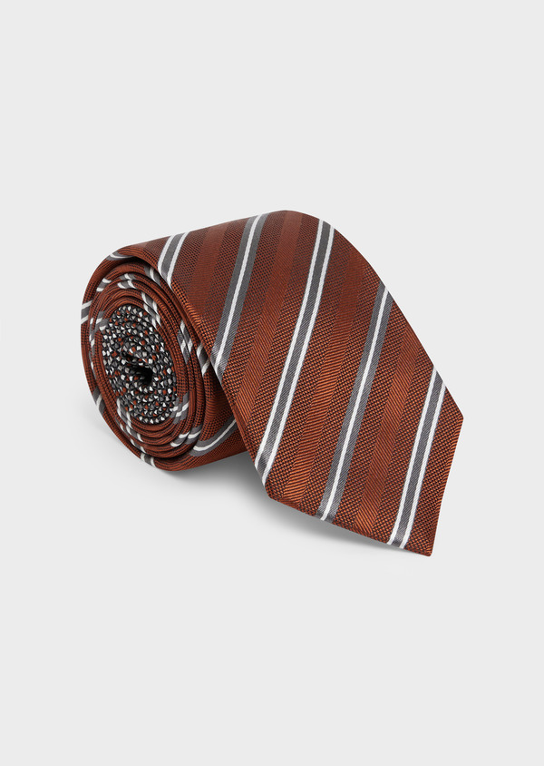 Cravate large en soie rouge brique à rayures gris et blanc - Father and Sons 48508