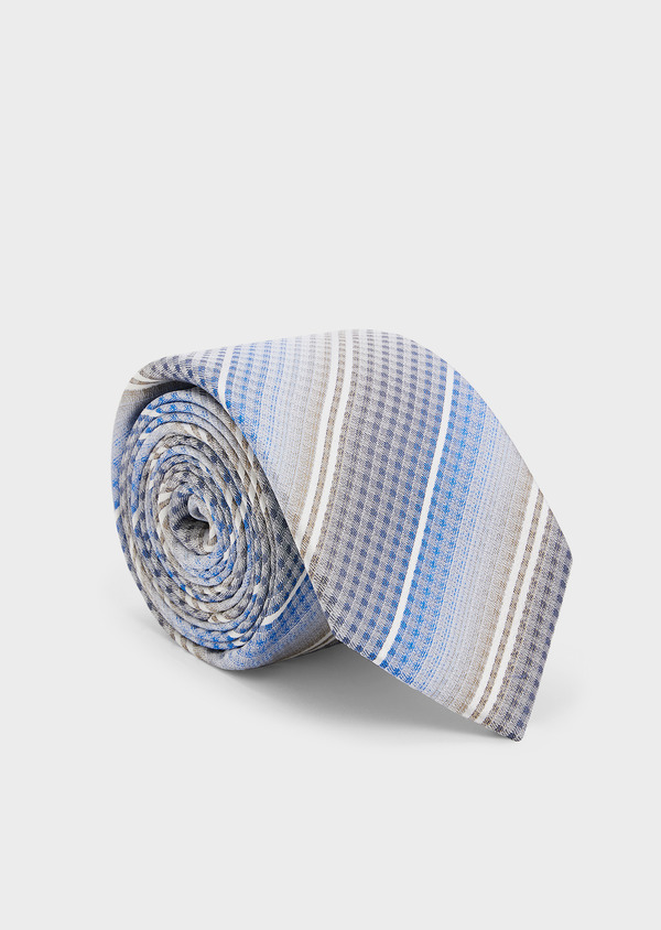 Cravate large en soie bleu ciel à carreaux gris et blanc - Father and Sons 44993