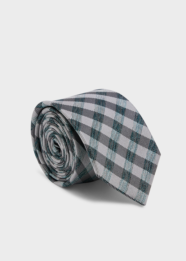 Cravate large en soie gris clair à carreaux noirs - Father and Sons 44990