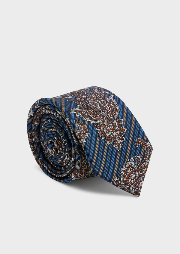 Cravate large en soie bleu marine à motif cachemire blanc et cognac - Father and Sons 44982