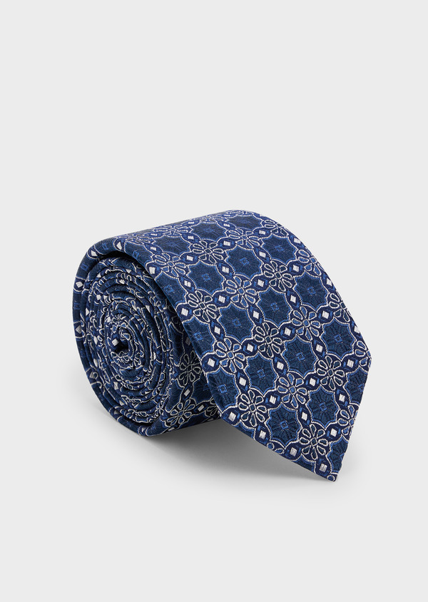 Cravate large en soie bleu chambray à motif fleuri gris - Father and Sons 44997