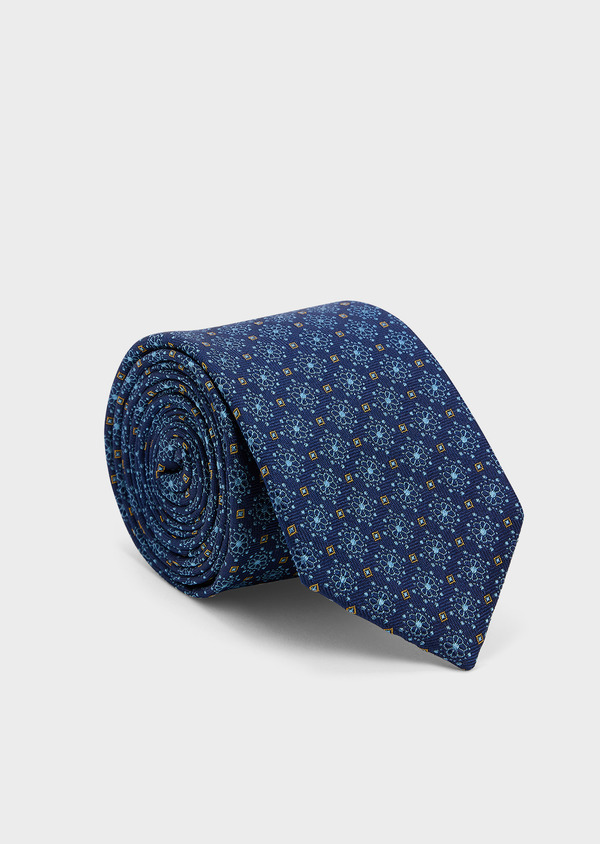 Cravate large en soie bleu marine à motif fleuri bleu et cognac - Father and Sons 44986