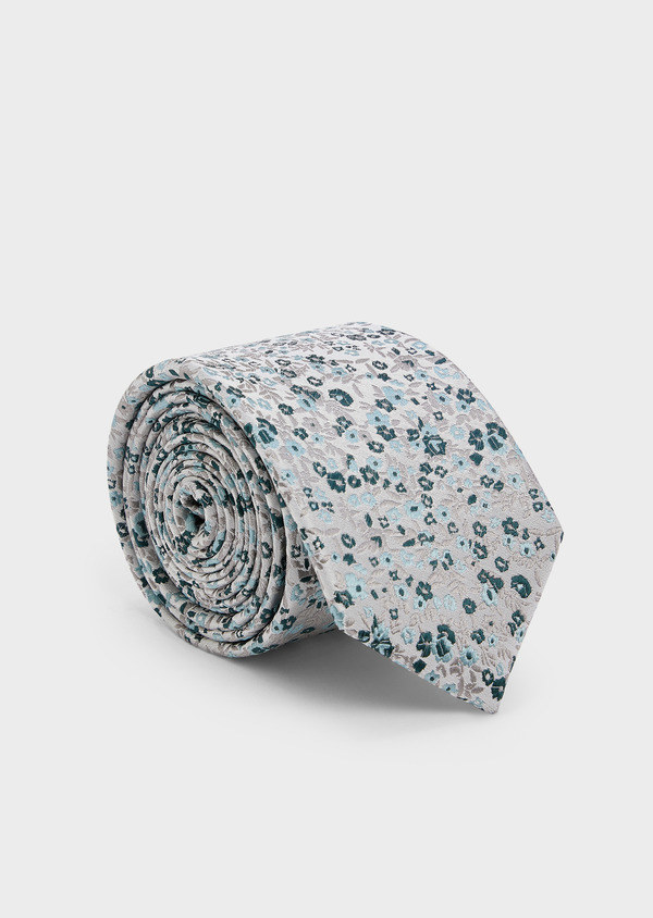 Cravate large en soie vert d'eau à motif fleuri bleu et gris - Father and Sons 45026