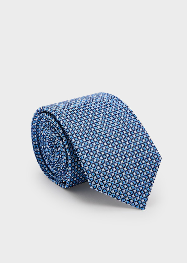 Cravate large en soie bleu azur à motifs géométriques bleu et blanc - Father and Sons 44995
