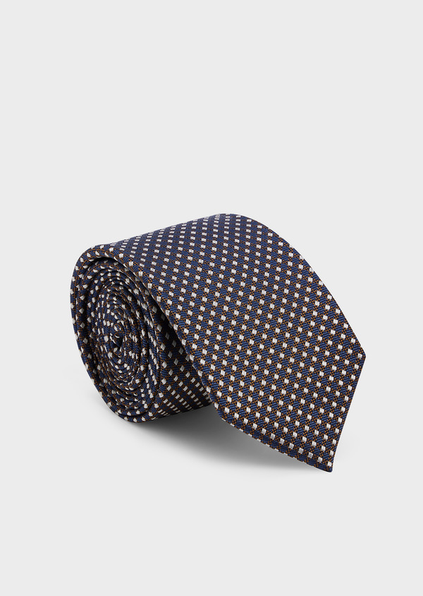 Cravate large en soie bleu marine à motifs géométriques blanc et cognac - Father and Sons 45017