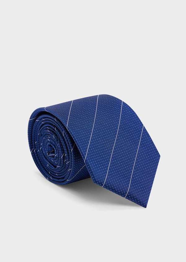 Cravate large en soie bleu cobalt à rayures et pois blancs - Father and Sons 45019