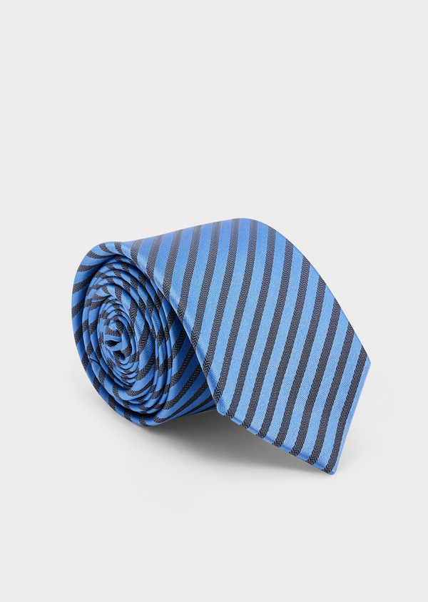 Cravate large en soie bleu azur à rayures grises - Father and Sons 44996