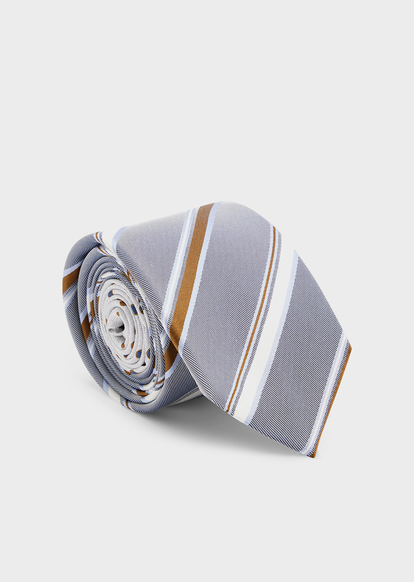 Cravate large en soie bleu pâle à rayures blanc et cognac - Father and Sons 45016