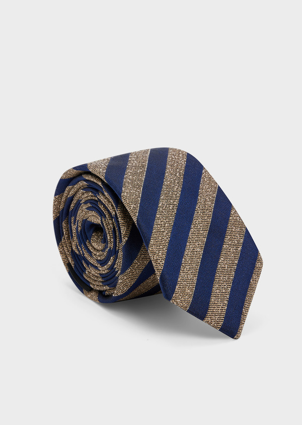 Cravate large en soie et coton cognac à rayures bleu marine - Father and Sons 45004