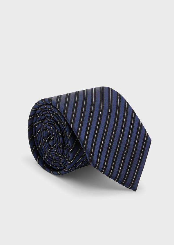 Cravate large en soie bleu marine à rayures bleu, noir et blanc - Father and Sons 45013