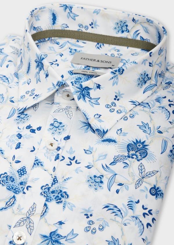 Chemise sport Slim en popeline de coton blanc à motif fleuri bleu - Father and Sons 39300