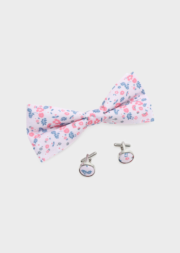 Coffret noeud-papillon et boutons de manchettes rose à motif fleuri bleu - Father and Sons 32614