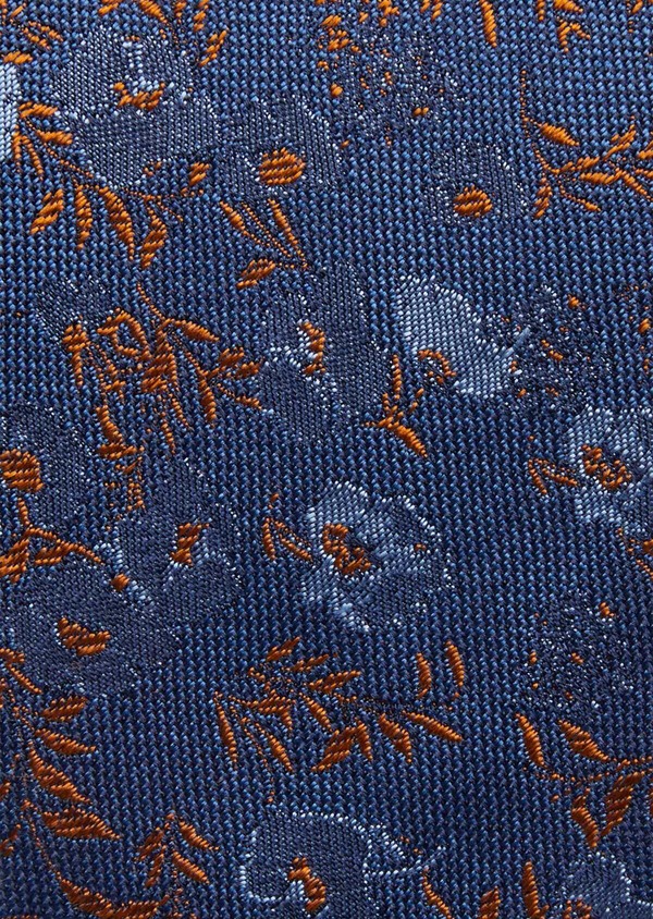 Cravate fine en soie bleu indigo à motif fleuri orange et bleu - Father and Sons 37770