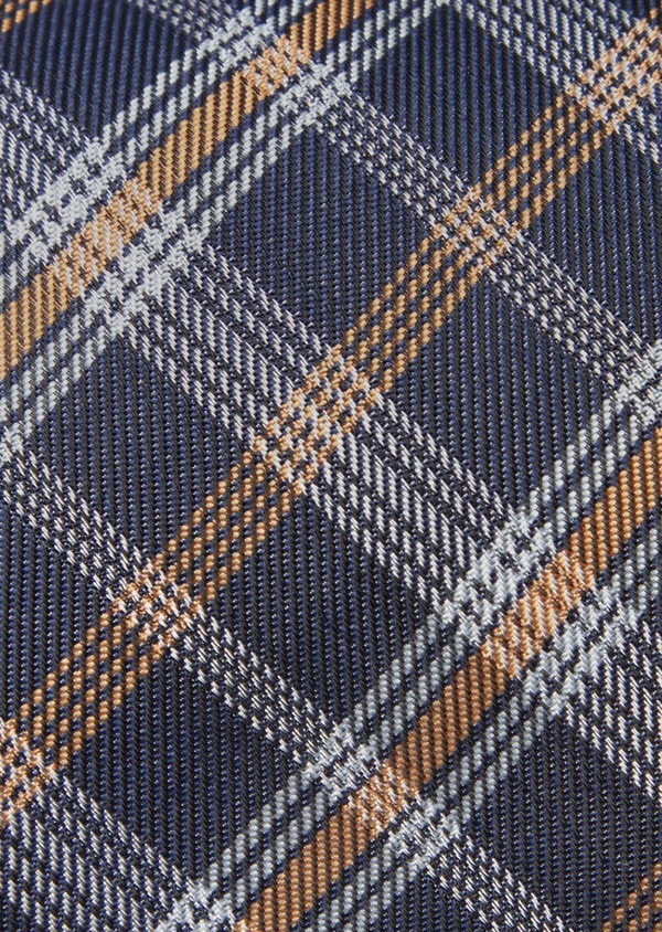 Cravate large en soie mélangée à carreaux marron, blanc et bleu foncé - Father and Sons 41144