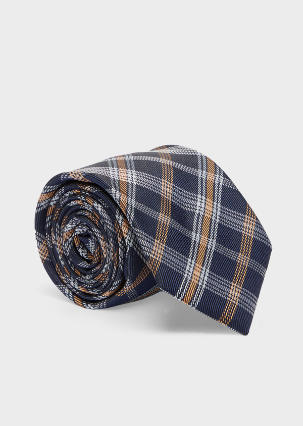 Cravate large en soie mélangée à carreaux marron, blanc et bleu foncé - Father and Sons 41143