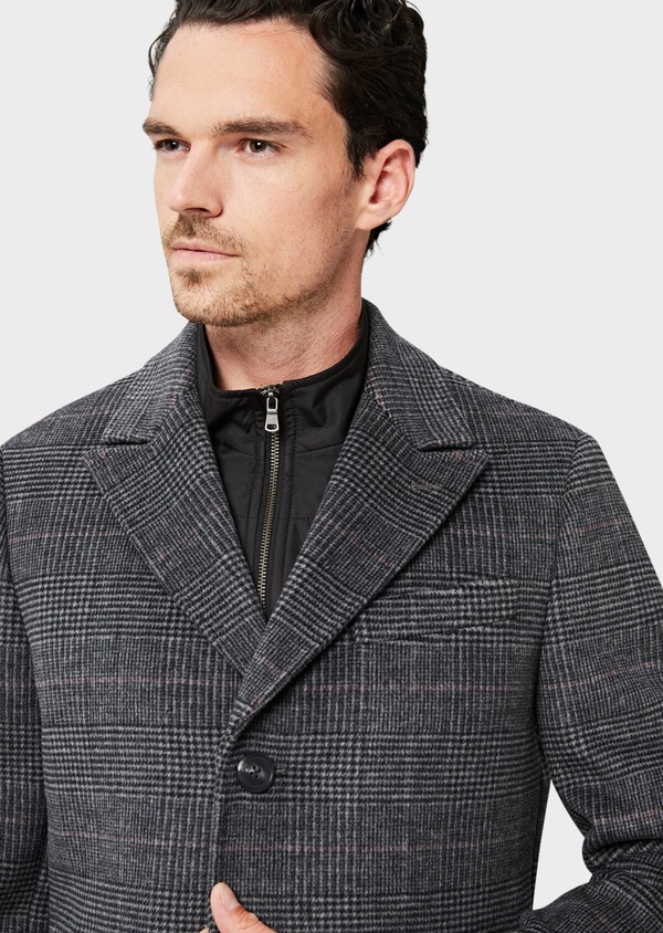 Manteau en laine mélangée grise Prince de Galles à parementure amovible - Father and Sons 41595