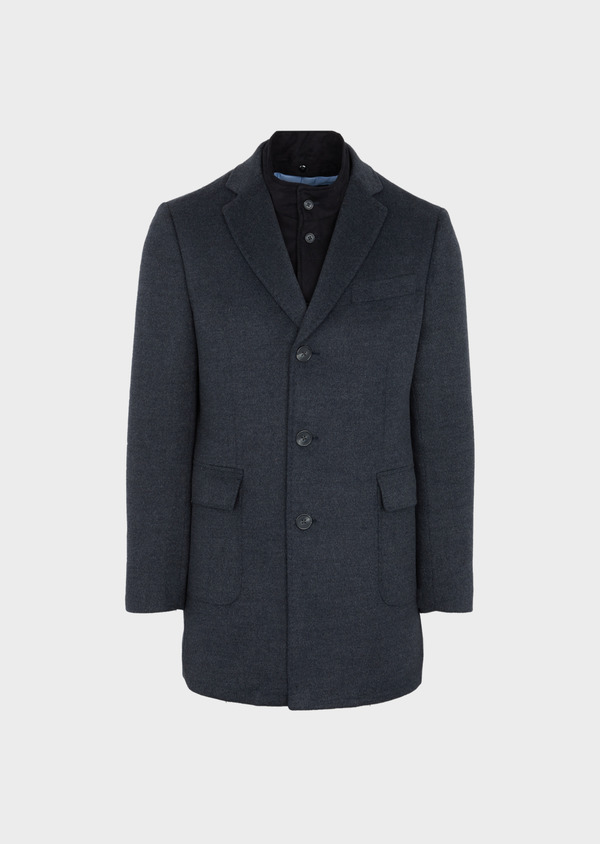 Manteau en laine mélangée unie bleu chambray à parementure amovible - Father and Sons 41605