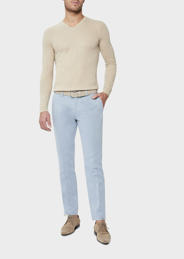 Pantalon coordonnable Slim en coton et lin uni bleu chambray - Father and Sons 38698
