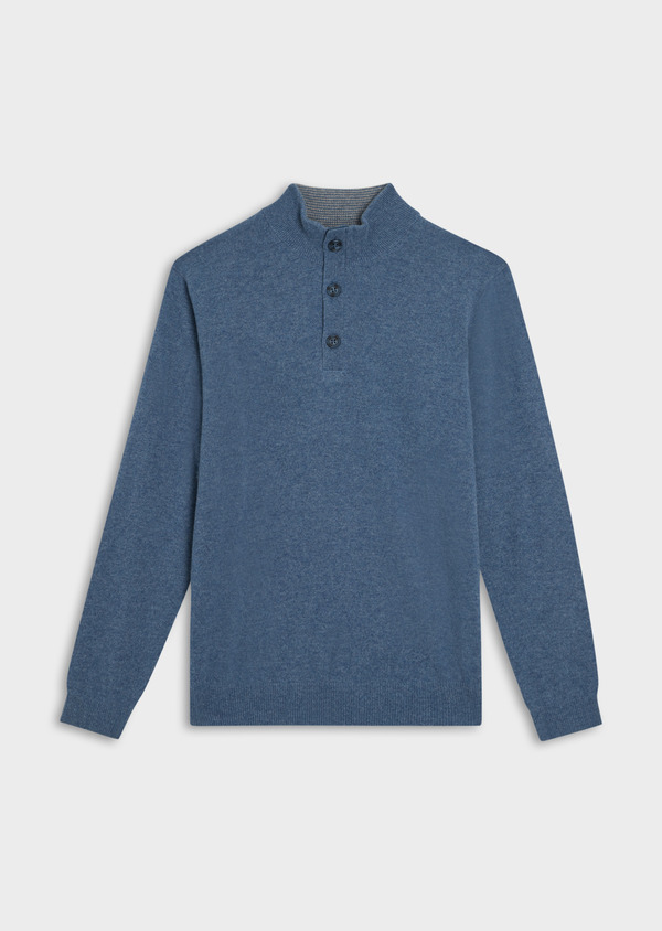 Pull en cachemire col montant boutonné uni bleu chambray - Father and Sons 35462