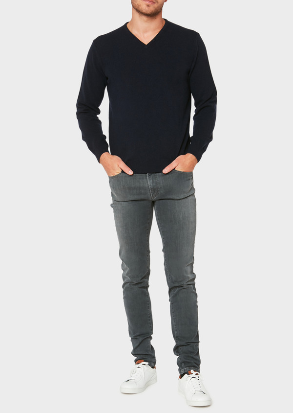 Pull en cachemire col V uni bleu marine - Father and Sons 31855
