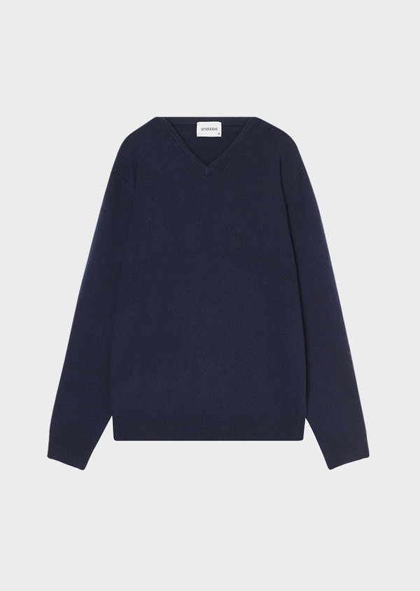 Pull en cachemire col V uni bleu marine - Father and Sons 31853