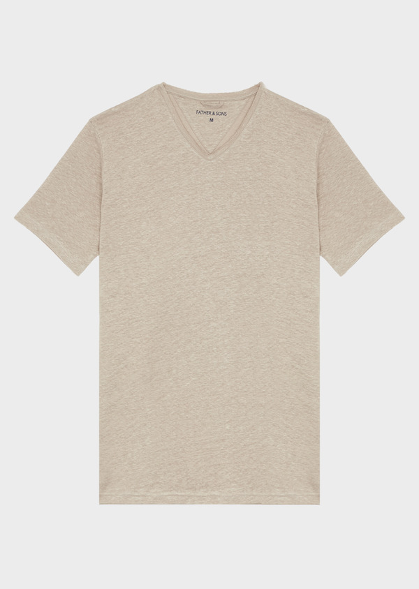 Tee-shirt manches courtes en lin col V uni beige foncé - Father and Sons 41890