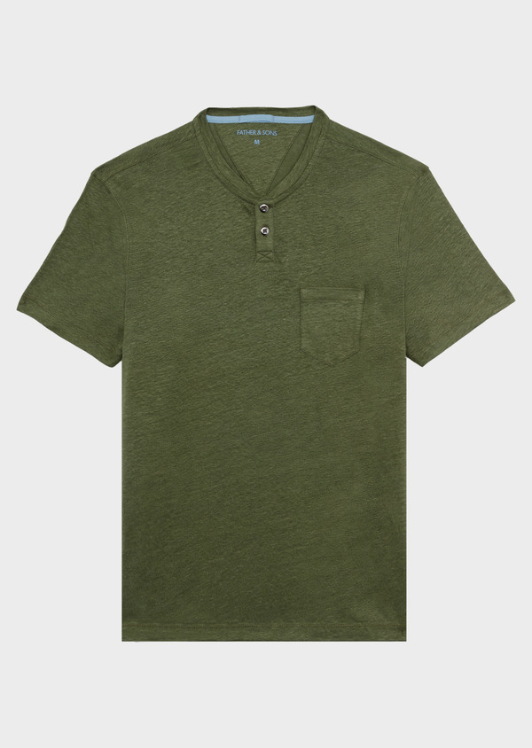 Tee-shirt manches courtes en lin col tunisien uni vert kaki - Father and Sons 39510