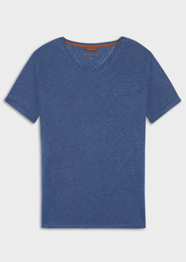 Tee-shirt manches courtes en lin col V uni bleu - Father and Sons 34582