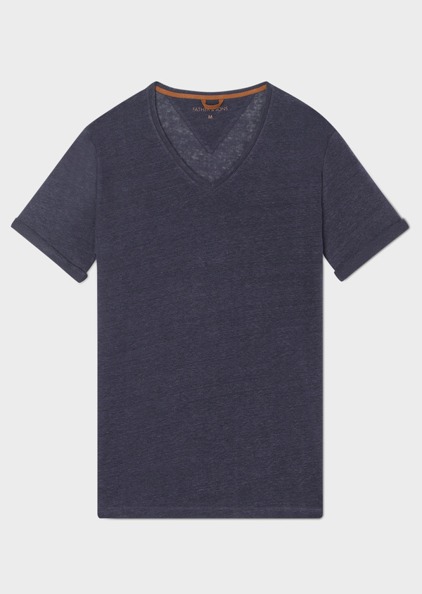 Tee-shirt manches courtes en lin col V uni bleu marine - Father and Sons 33573
