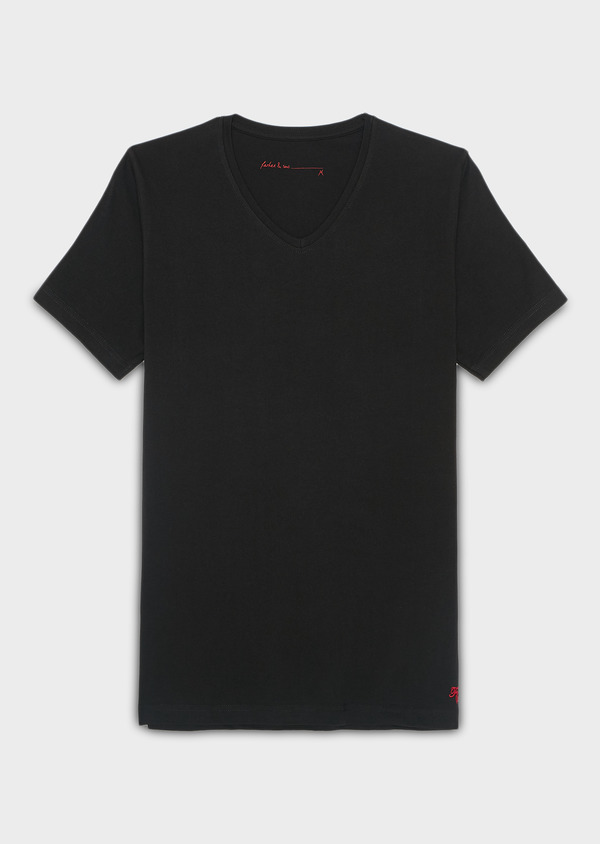 Tee-shirt manches courtes en coton stretch col V uni noir - Father and Sons 9206