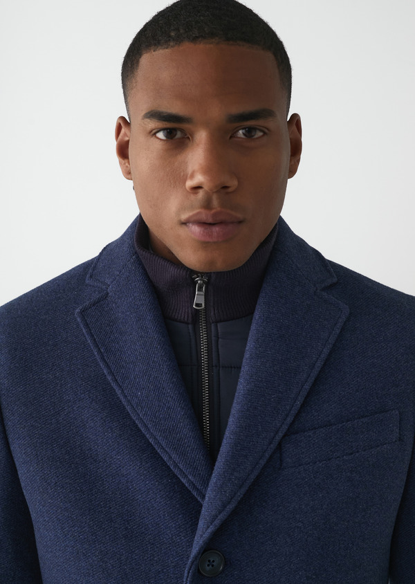Manteau en laine mélangée unie bleu indigo à parementure amovible - Father and Sons 49250