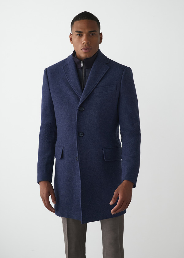 Manteau en laine mélangée unie bleu indigo à parementure amovible - Father and Sons 49249