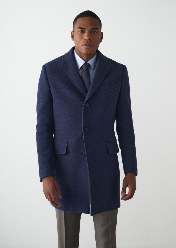 Manteau en laine mélangée unie bleu indigo à parementure amovible - Father and Sons 49251