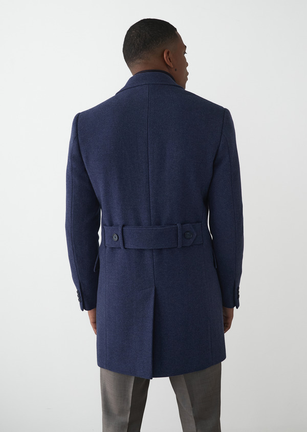 Manteau en laine mélangée unie bleu indigo à parementure amovible - Father and Sons 49248