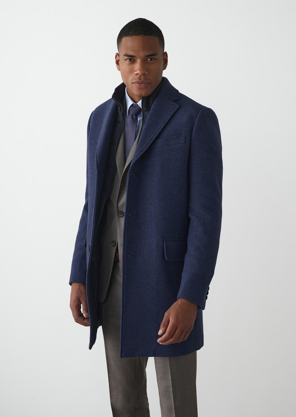 Manteau en laine mélangée unie bleu indigo à parementure amovible - Father and Sons 49247
