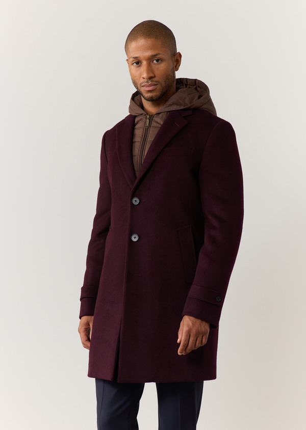 Manteau en laine mélangée unie bordeaux à capuche amovible - Father and Sons 60335