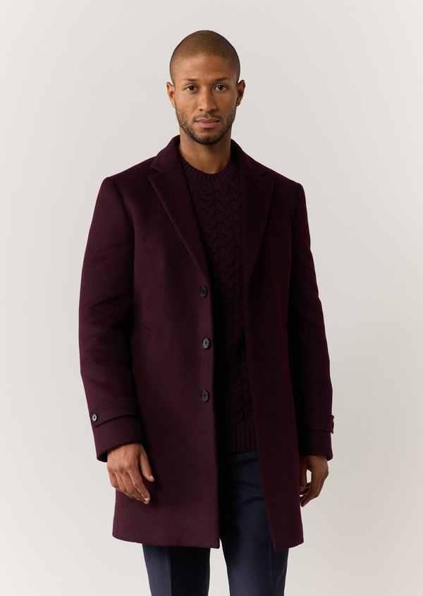 Manteau en laine mélangée unie bordeaux à capuche amovible