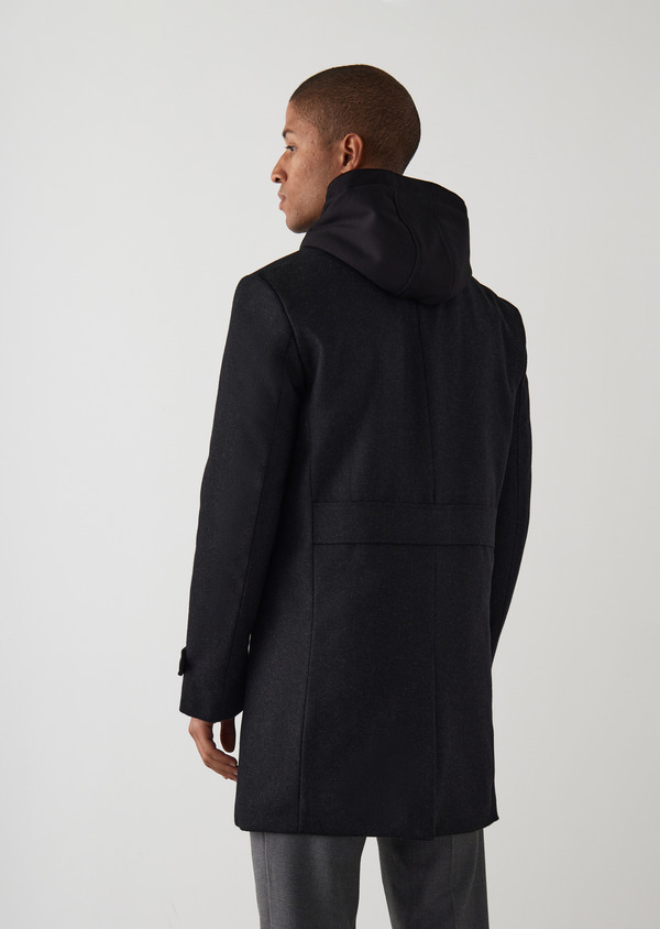 Manteau en laine mélangée unie noire à parementure capuche