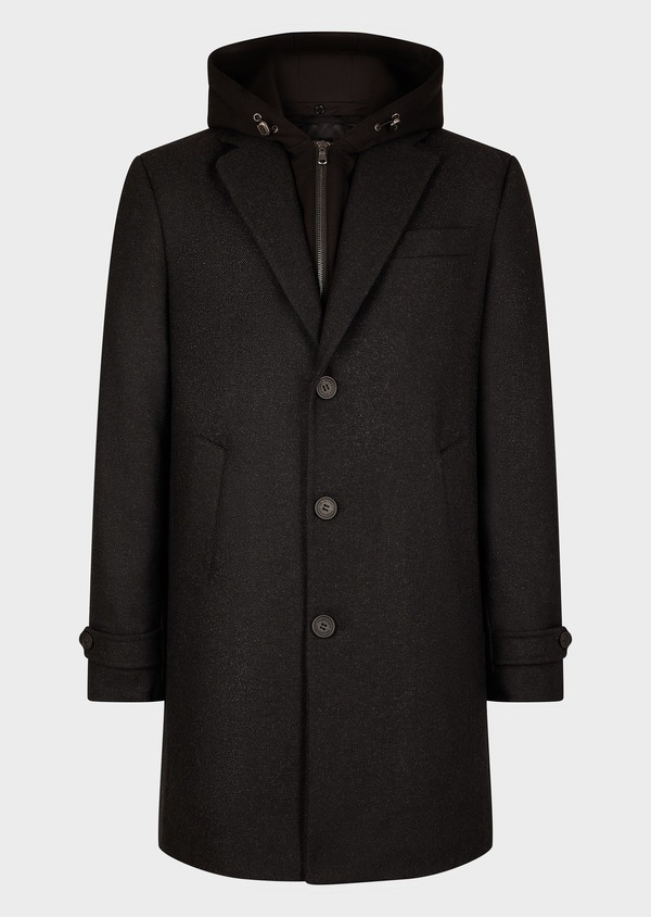 Manteau en laine mélangée unie noire à parementure capuche amovible - Father and Sons 63789