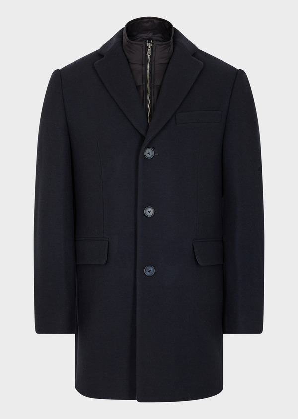 Manteau en laine mélangée unie bleu prusse à parementure amovible - Father and Sons 60929
