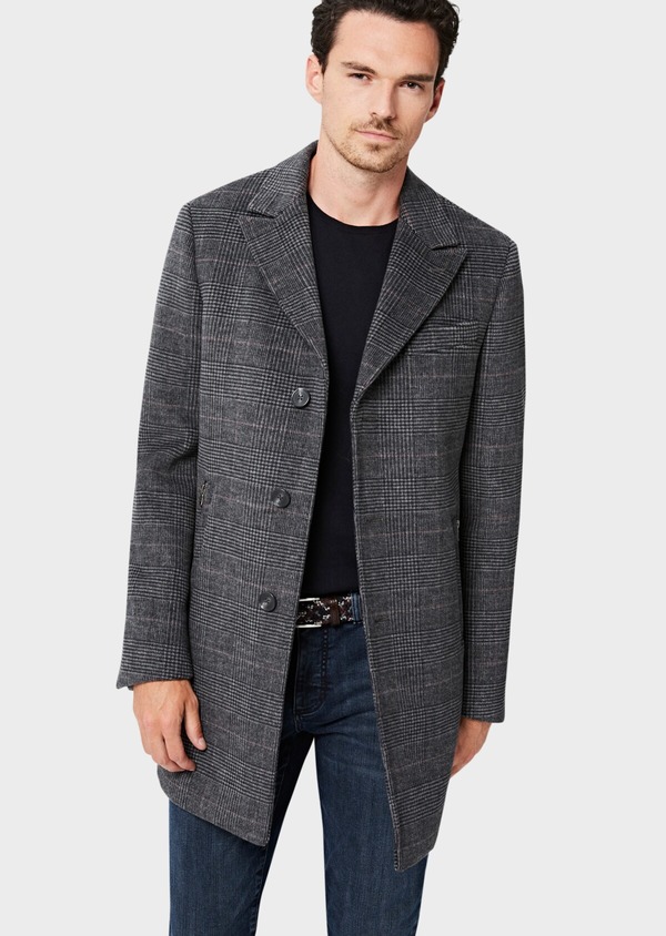 Manteau en laine mélangée grise Prince de Galles à parementure amovible - Father and Sons 46924