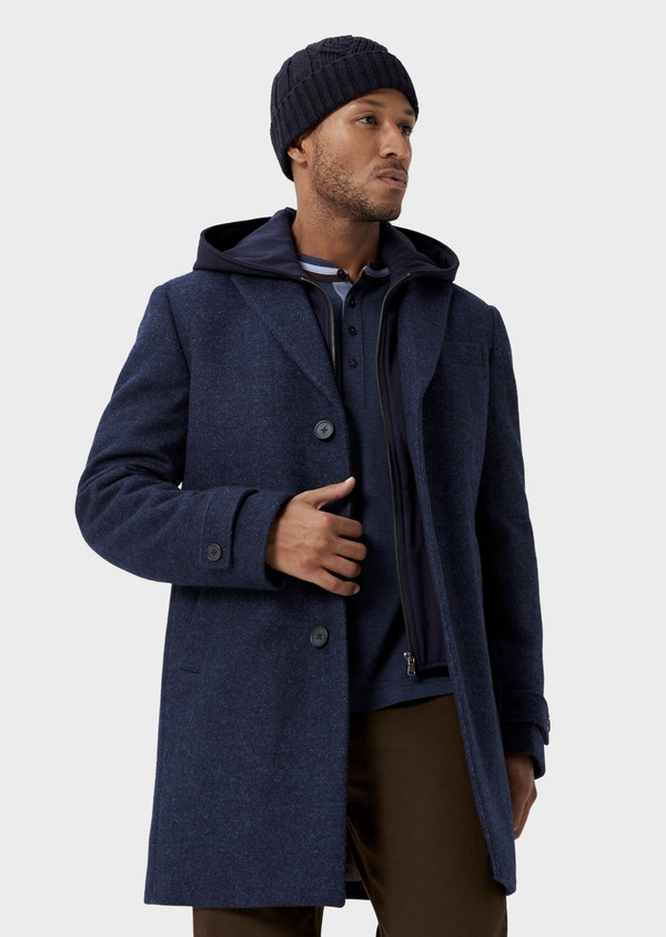 Manteau en laine mélangée unie bleue à capuche amovible - Father and Sons 42037