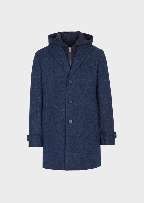 Manteau en laine mélangée unie bleue à capuche amovible - Father and Sons 42036